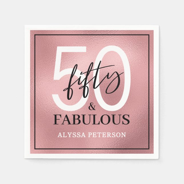 Serviette En Papier Cinquante & Fabuleux Rose Gold Script 50e Annivers (Devant)