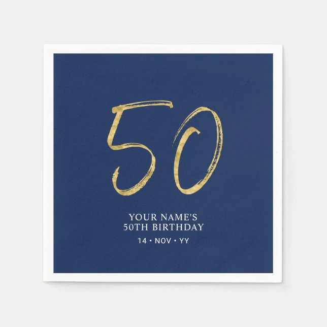 Serviette En Papier Cinquante | Gold & Navy Blue Lettering 50th Birthd (Devant)