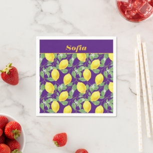 Serviette En Papier Citron aquarelle motif personnalisé jaune violet