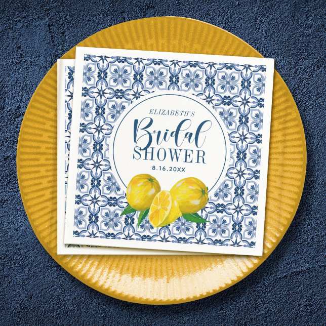 Serviette En Papier Citron bleu italien Carrelage Mariage Fête des mar (Lemon Mediterranean Bridal Shower Napkin)