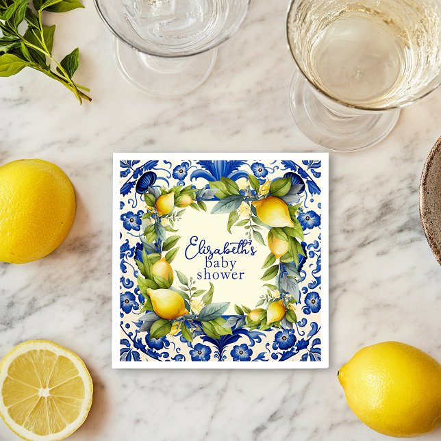 Serviette En Papier Citron jaune Carrelage bleu Baby shower citron (Yellow Lemons Blue Tile Lemon Baby Shower Napkins)