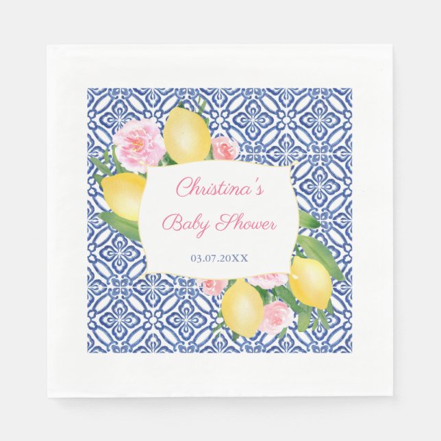 Serviette En Papier Citrons Fleurs Roses Carreaux Bleus Baby shower Pa (Devant)