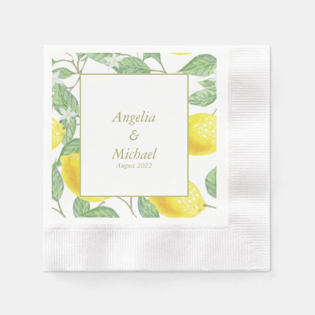 Serviette En Papier Citrons jaunes modernes Vert Feuille Mariage (Devant)