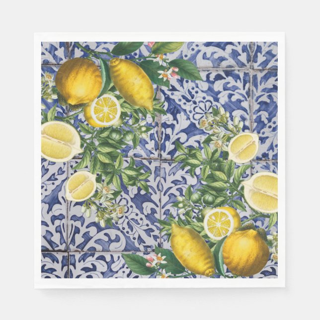 Serviette En Papier Citrons méditerranéens Carreaux portugais d'été (Devant)