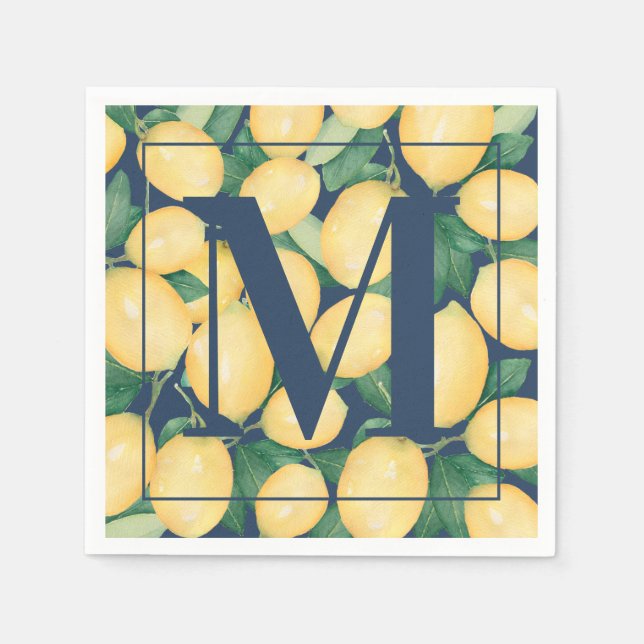 Serviette En Papier Citrons sur Monogramme bleu marine (Devant)