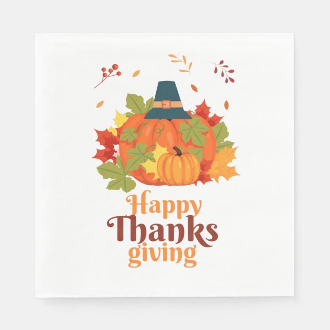 Serviette En Papier Citrouille bon thanksgiving avec Casquette et Feui (Devant)