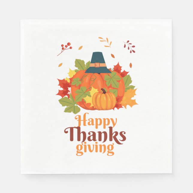 Serviette En Papier Citrouille bon thanksgiving avec Casquette et Feui (Devant)