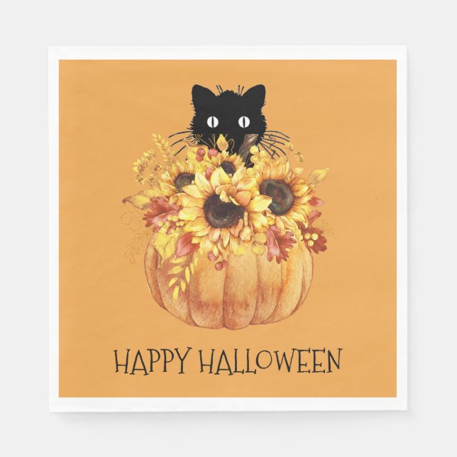 Serviette En Papier Citrouille Chat noir Halloween Napkins (Devant)