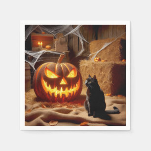 Serviette En Papier Citrouille et chat d'Halloween dans une grange