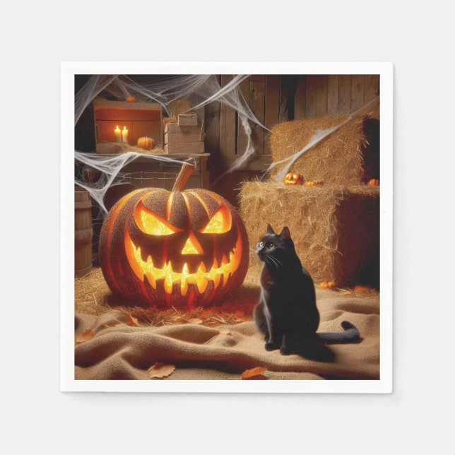 Serviette En Papier Citrouille et chat d'Halloween dans une grange (Devant)
