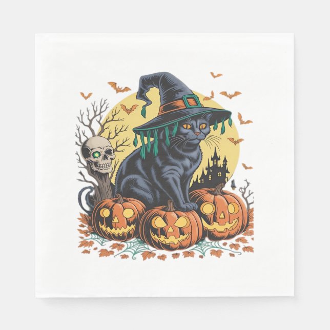 Serviette En Papier Citrouille Halloween de chatte noire surdimensionn (Devant)