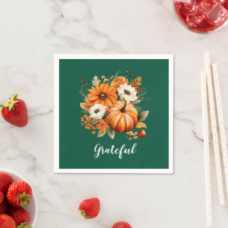Serviette En Papier Citrouille verte florale automnale reconnaissante
