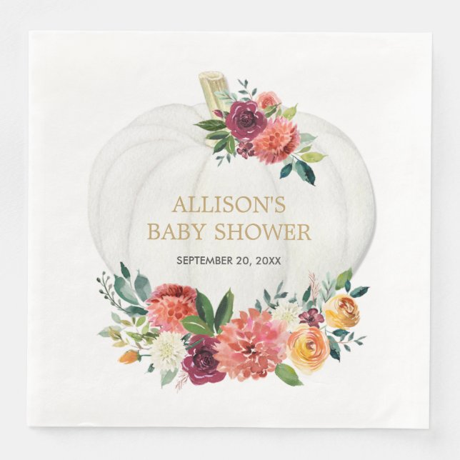 Serviette En Papier Citrouilles blanches florales or Bourgogne (Devant)