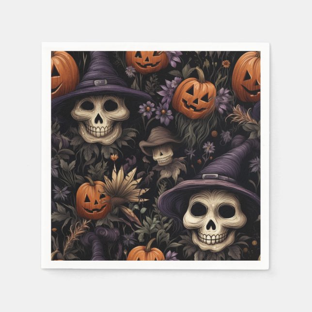 Serviette En Papier Citrouilles Crânes Fleurs Halloween  (Devant)