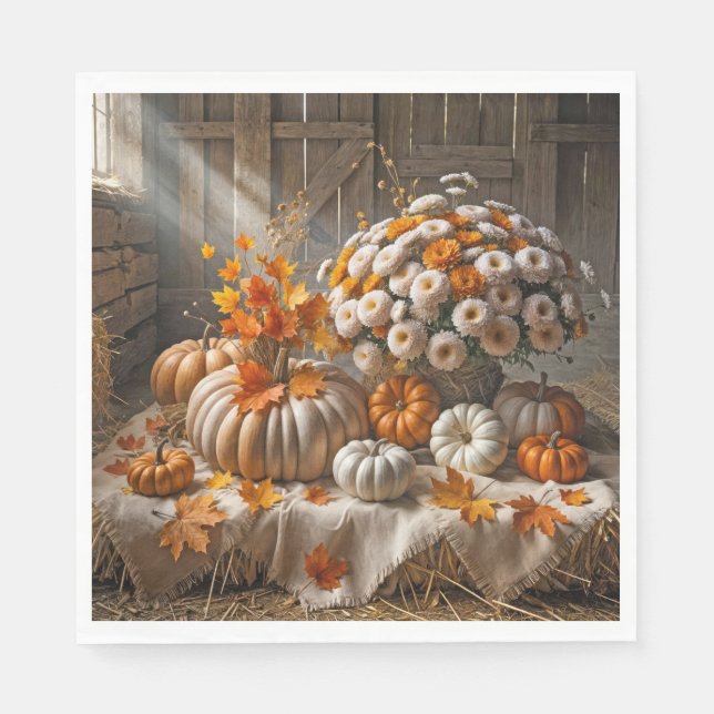 Serviette En Papier Citrouilles d'automne et chrysanthèmes dans une gr (Devant)