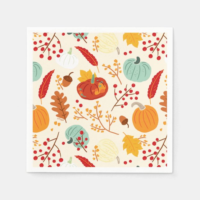 Serviette En Papier Citrouilles d'automne et Motif Feuille (Devant)