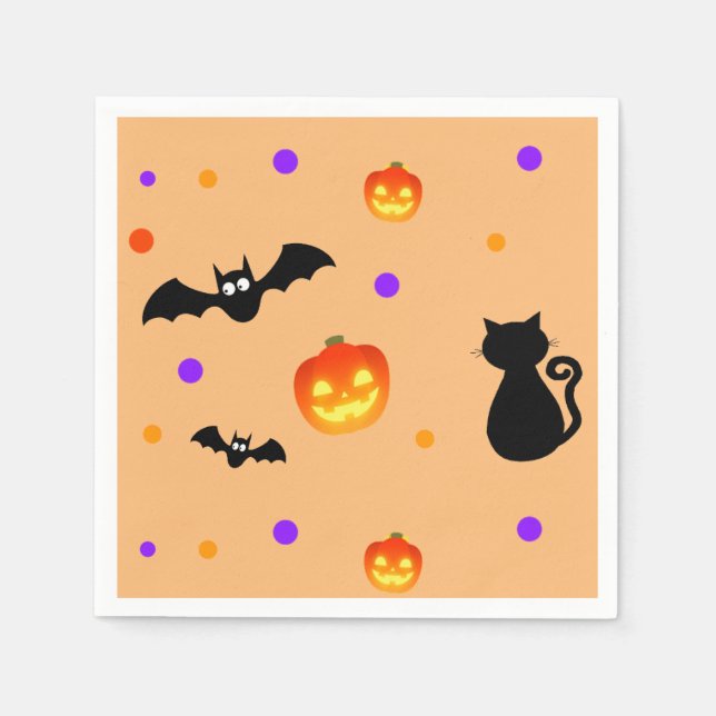 Serviette En Papier Citrouilles d'Halloween, chauves-souris et chat en (Devant)