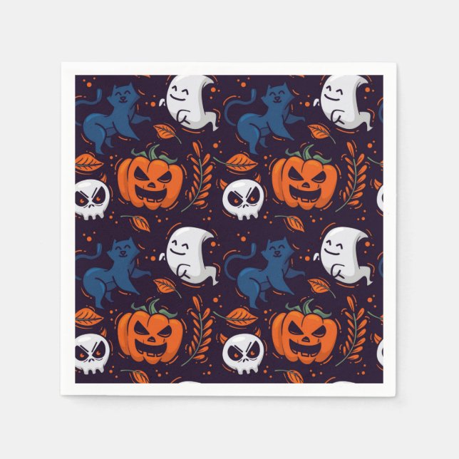 Serviette En Papier Citrouilles fantômes, crânes et chats d'Halloween (Devant)
