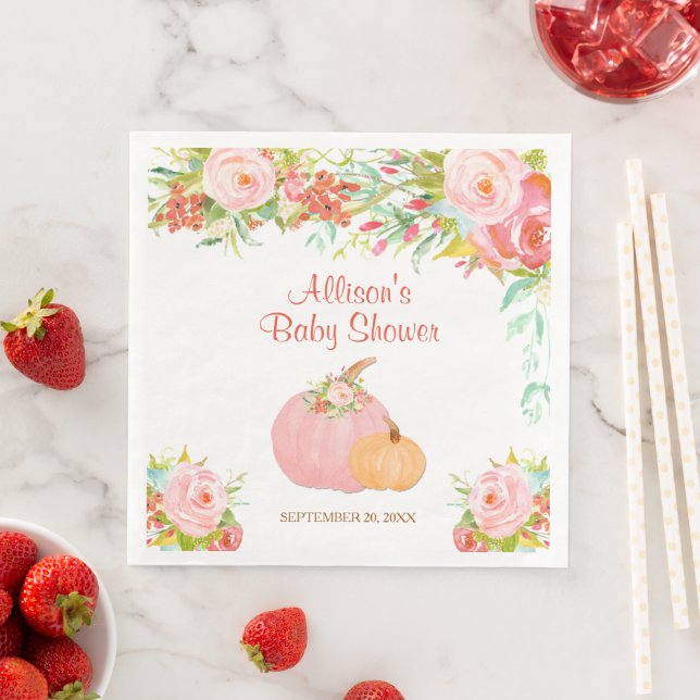 Serviette En Papier Citrouilles floraux d'or rose baby shower (En situation)