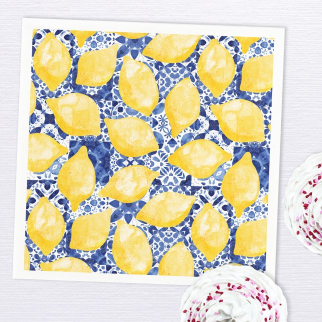 Serviette En Papier Citrus citron Aquarelle Bleu Carrelage méditerrané (Watercolor lemons on a blue and white Mediterranean tile background patterned party paper napkins)