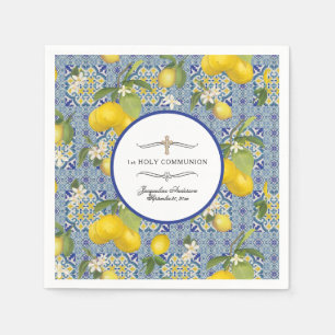 Serviette En Papier Citrus floral citron feuillage 1ère communion bleu