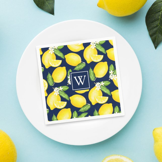 Serviette En Papier Citrus Lemon Botanical Navy Monogramme bleu (Créateur téléchargé)