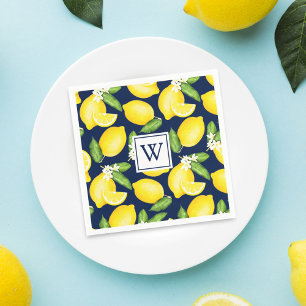 Serviette En Papier Citrus Lemon Navy Blue Monogram Napkins