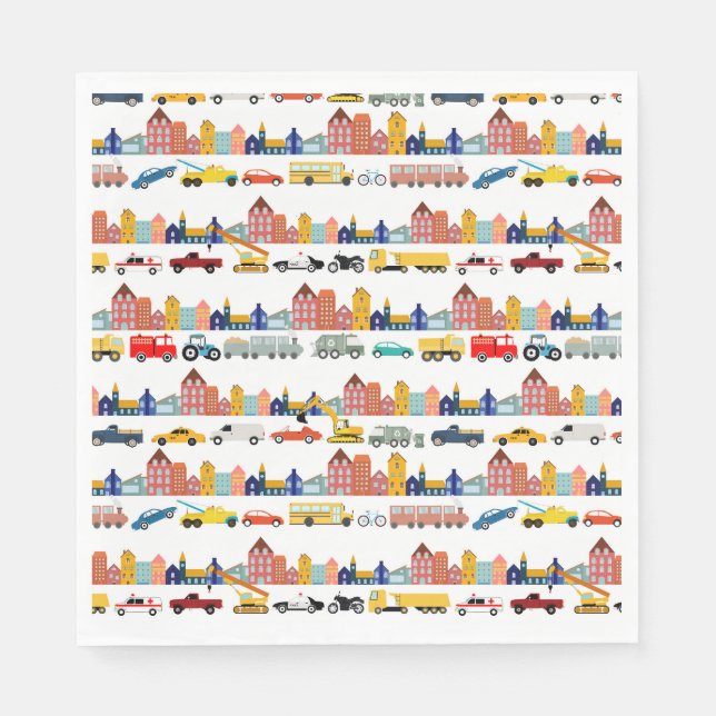 Serviette En Papier City Transportation Vehicles Trucks Cars Kids (Devant)