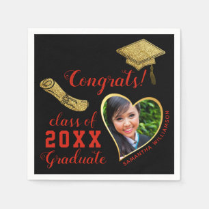 Serviette En Papier Classe 2023 Grad Photo Black Red Gold Graduation