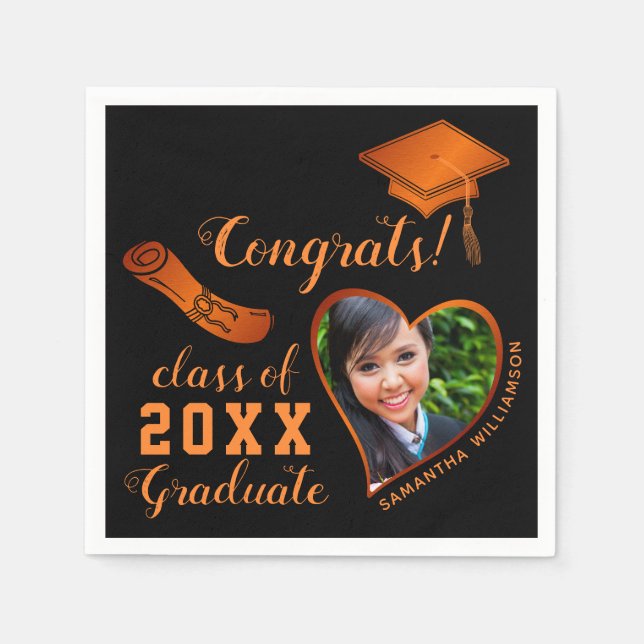 Serviette En Papier Classe 2025 Grad Photo Black and Orange Graduation (Devant)