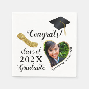 Serviette En Papier Classe 2025 Grad Photo White Black Gold Graduation