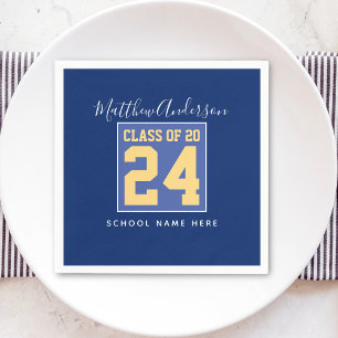 Serviette En Papier Classe de 2024 Elégant Royal Blue & Gold Graduatio