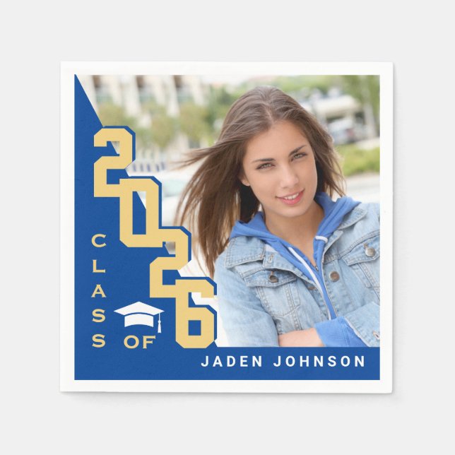 Serviette En Papier Classe de 2024 Golden Blue PHOTO Graduation Party (Devant)
