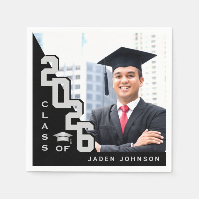 Serviette En Papier Classe de 2024 Silver Black PHOTO Graduation Party (Devant)
