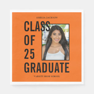 Serviette En Papier Classe De 25 Diplômés Orange & Photo Noire