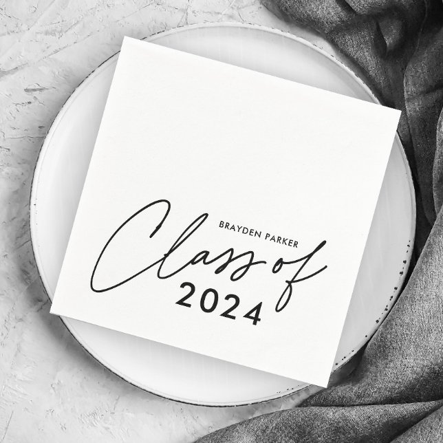 Serviette En Papier Classe de fin d'études en écriture moderne (Simple black and white script class of 2024 (editable year) graduation party napkins.)
