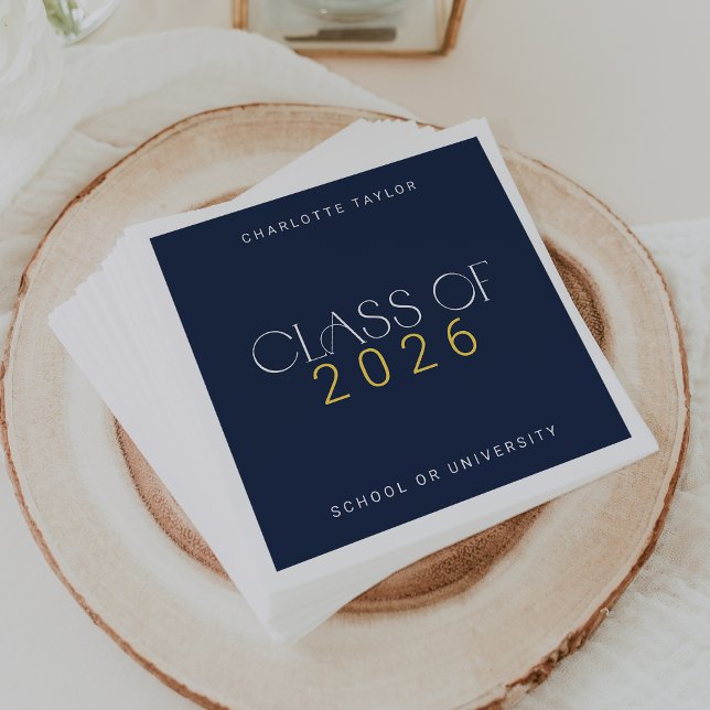 Serviette En Papier Classe d'or de la marine de Fete moderne de 2025 (Modern Fete Navy Gold Class of 2026 Graduation Napkins)