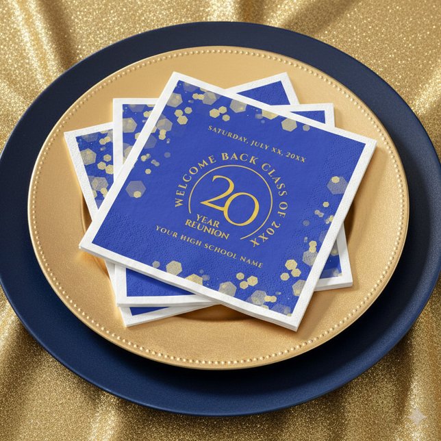 Serviette En Papier Classe école Blue & Gold Reunion (Elegant 20-Year Class Reunion Royal Blue and Gold Glitter Napkins Cover Photo)