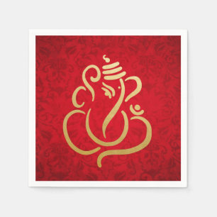 Serviette En Papier Classé Faux Gold Foil Ganesha Indian Red Damask