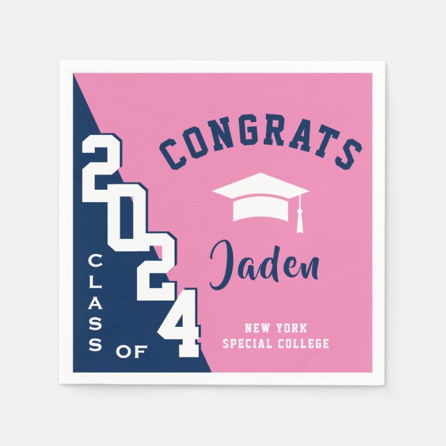Serviette En Papier Classe moderne de 2024 Navy Pink Graduation Party (Devant)