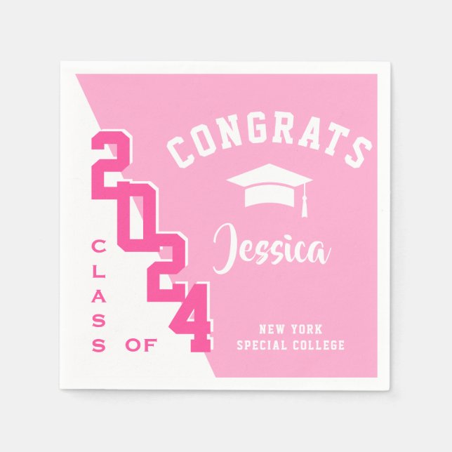 Serviette En Papier Classe moderne de 2024 Pink White Graduation Party (Devant)