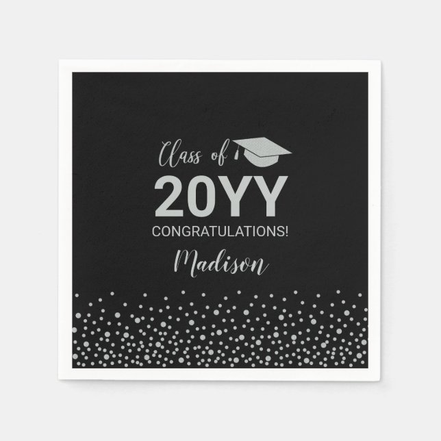 Serviette En Papier Classe Silver & Black Confetti Graduation Party Na (Devant)