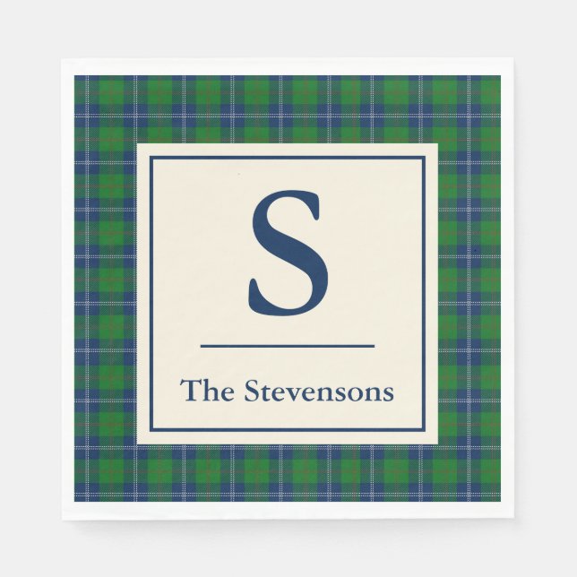 Serviette En Papier Classic Bleu Vert Tartan Plaid Personnalisé (Devant)
