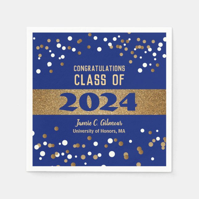 Serviette En Papier Classic Blue Gold Class of 2024 Nom Graduation (Devant)