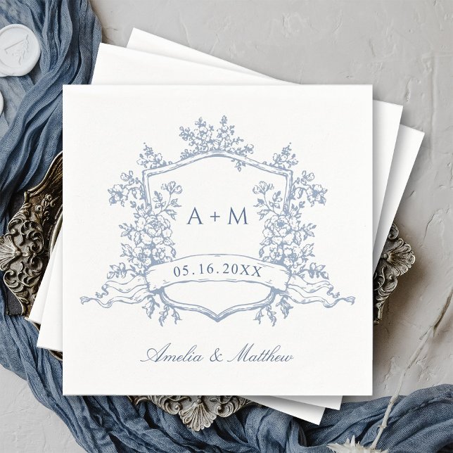 Serviette En Papier Classic Dusty Blue Floral Crest Monograms Wedding (Créateur téléchargé)