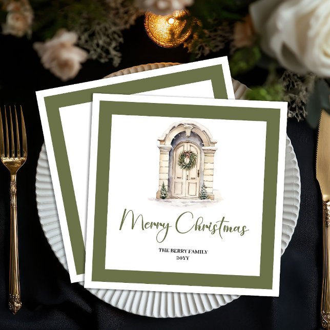 Serviette En Papier Classic Earth Tone Christmas Door Custom Name (Classic Earth Tone Christmas Tree Custom Name Napkins)