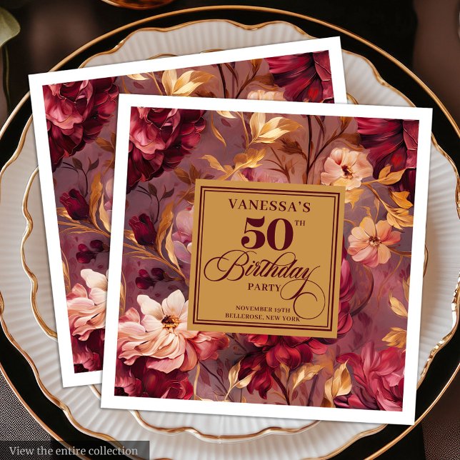 Serviette En Papier Classique Bourgogne Blush Gold Floral 50e annivers (Classic Burgundy Blush Gold Floral 50th Birthday Paper Dinner Napkins)