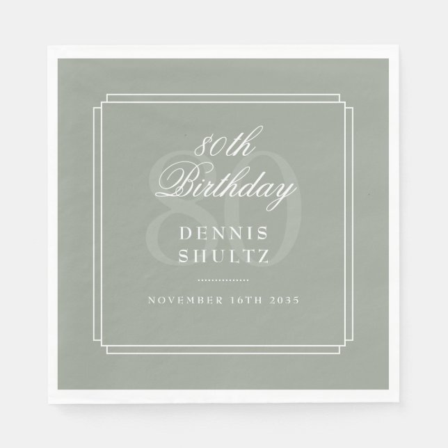 Serviette En Papier Classique Deco | 80e anniversaire vert sauge et bl (Devant)