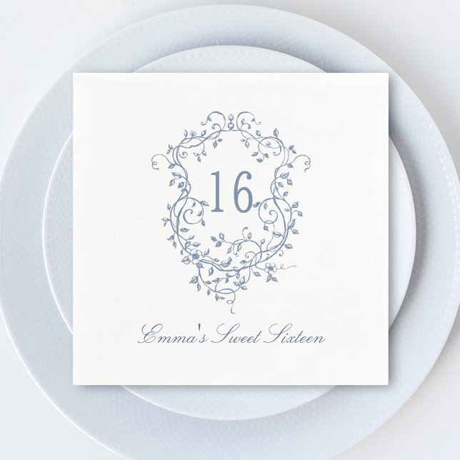 Serviette En Papier Classique Français Bleu Floral Crest Sweet 16 Anni (Créateur téléchargé)