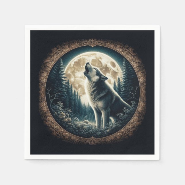 Serviette En Papier Classique, loup et lune vintage  (Devant)